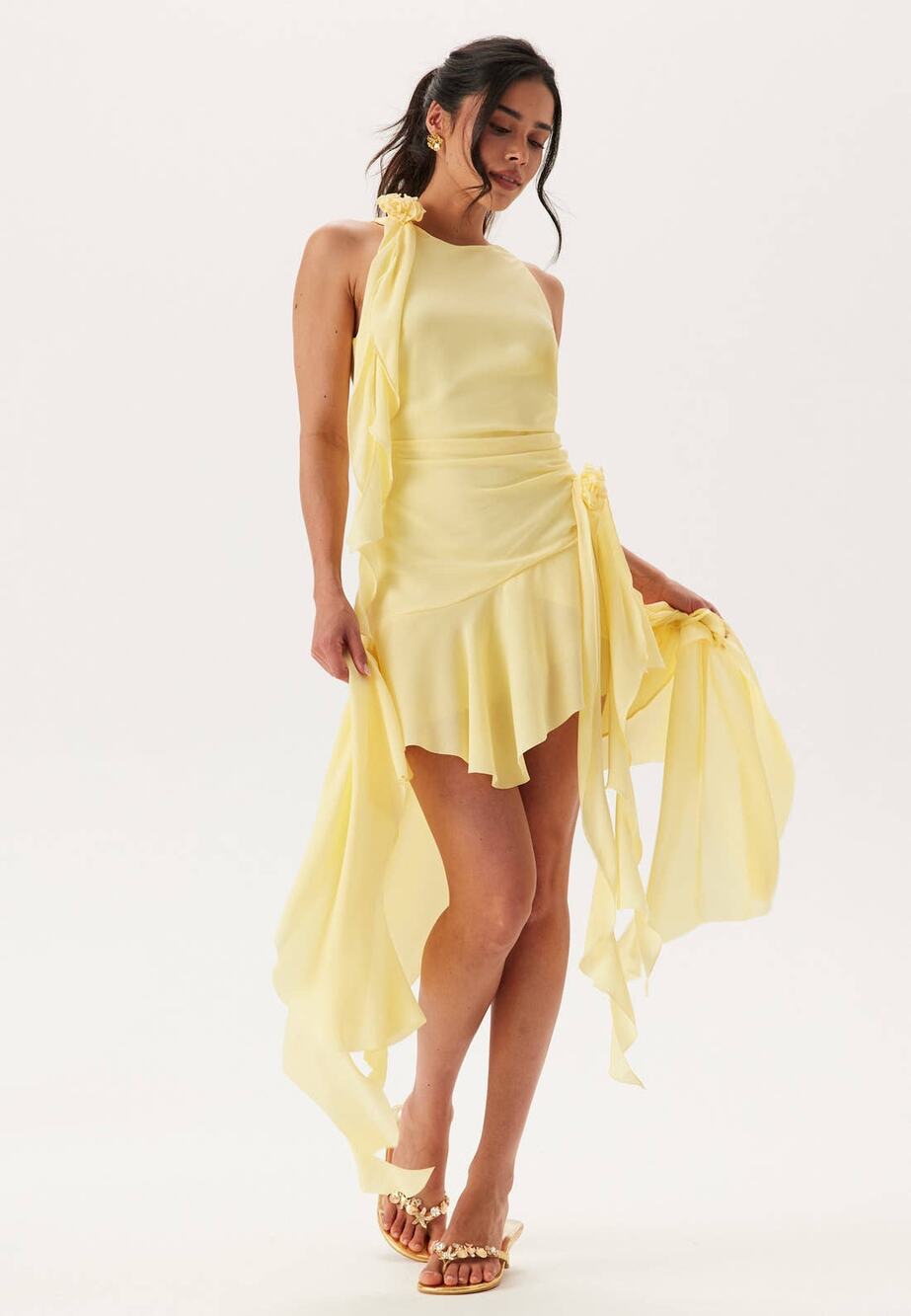 Bardot Yellow Ivana Rosette Cascading Ruffle Hi-Low Georgette Mini Dress Size 4